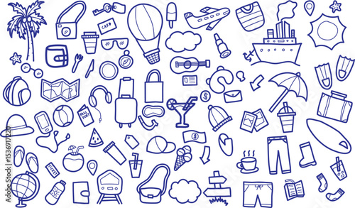 Cute travel vector icon set in doodle style. Hand drawn vacation illustrations including suitcase, airplane, ticket, map, beach, camera, and passport for tourism, children’s book, posters, and sticker