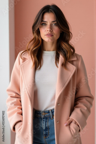 A woman dressed in casual attire, pink coat and jeans, no additional context