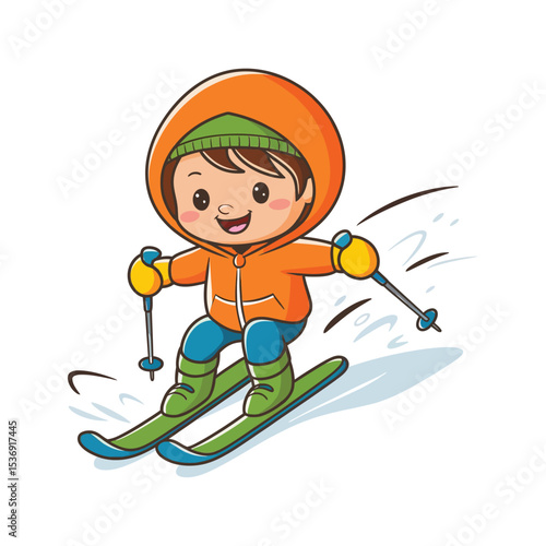 A cute cartoon illustration of a child skiing.