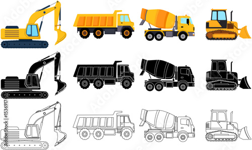 Construction Vehicles Excavator, Tipper Truck, Cement Mixer, Bulldozer design assets in colour, black and white fills with adjustable stroke weights