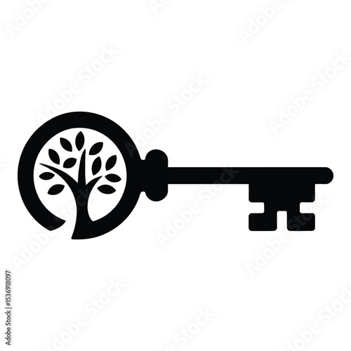 A key with a tree inside the head isolated on white background