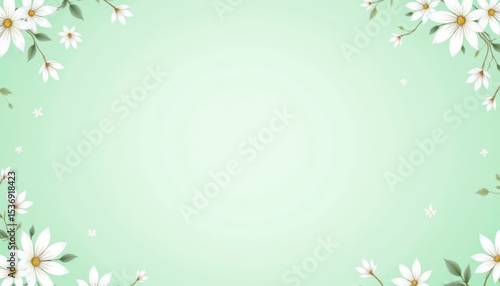 Elegant green background with delicate white flowers and lush foliage for spring designs