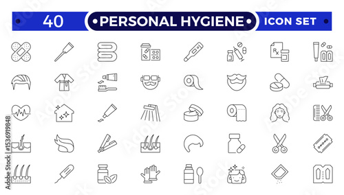 Personal Hygiene Outline Icons set. Contain icons related to Hygiene, clean, sanitary, towel, wash, liquid , and more.