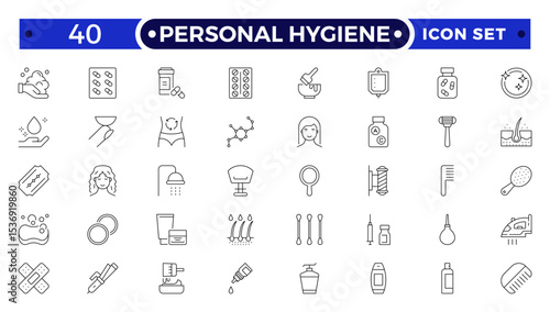 Personal Hygiene Outline Icons set. Contain icons related to Hygiene, clean, sanitary, towel, wash, liquid , and more.