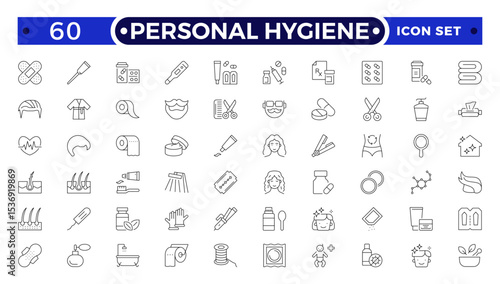 Personal Hygiene Outline Icons set. Contain icons related to Hygiene, clean, sanitary, towel, wash, liquid , and more.