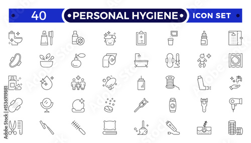 Personal Hygiene Outline Icons set. Contain icons related to Hygiene, clean, sanitary, towel, wash, liquid , and more.
