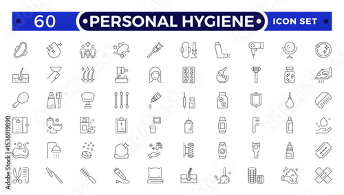 Personal Hygiene Outline Icons set. Contain icons related to Hygiene, clean, sanitary, towel, wash, liquid , and more.