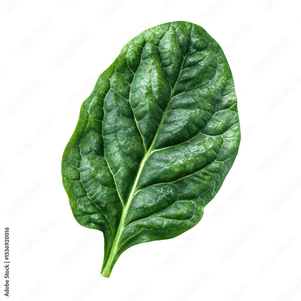 Obraz premium Fresh spinach leaf close up with detailed veins on transparent background