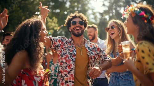 Group of friends dancing and laughing at a festival