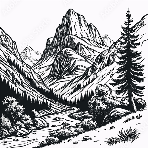 Monochromatic Mountain Landscape with River Valley Evergreen Forest and Rocky Peaks a Serene Outdoor Nature Scene in Black and White