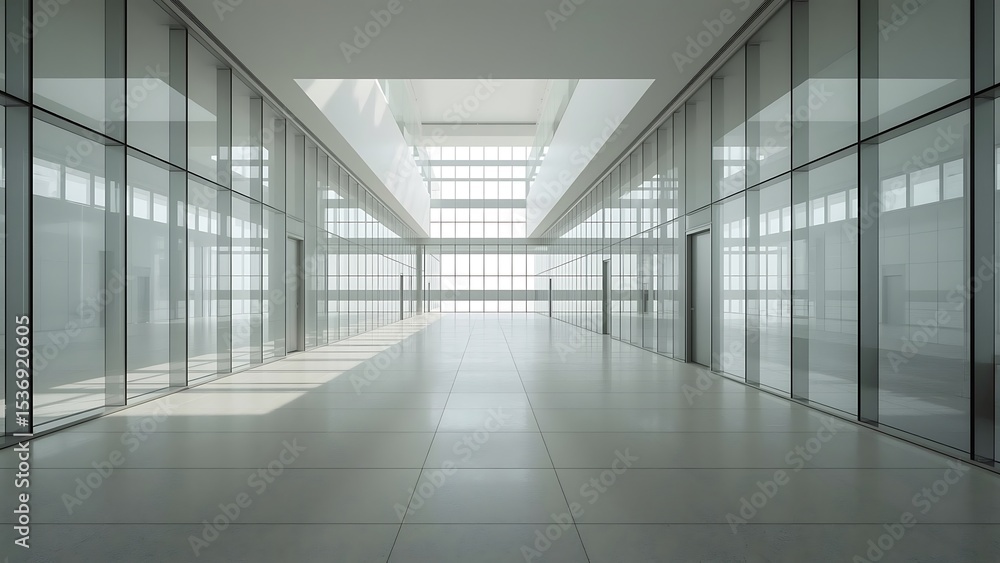 A modern architectural interior featuring a long, bright hallway with glass walls. A modern architectural interior featuring a long, bright hallway with glass walls.