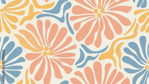 Floral pattern with stylized flowers in peach blue and yellow on a cream colored background design element