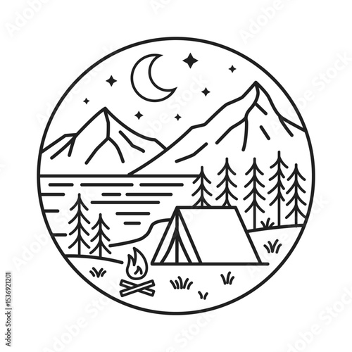 Camping night landscape line art with mountains tent forest and moon outline illustration in circle badge style for adventure and nature lovers | Fully editable | Fully manually created | EPS Pro