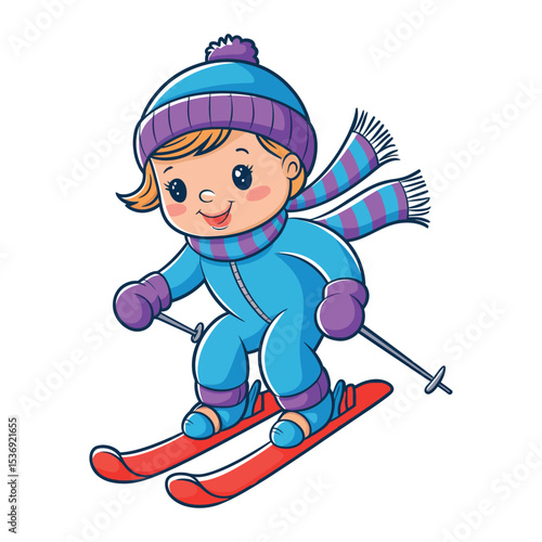 A cute cartoon of a child skiing