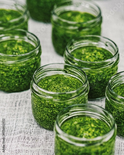 glass jars with green pesto