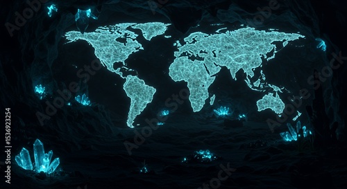 Crystalline World Map: A Glowing Digital Earth Within a Mysterious Cave