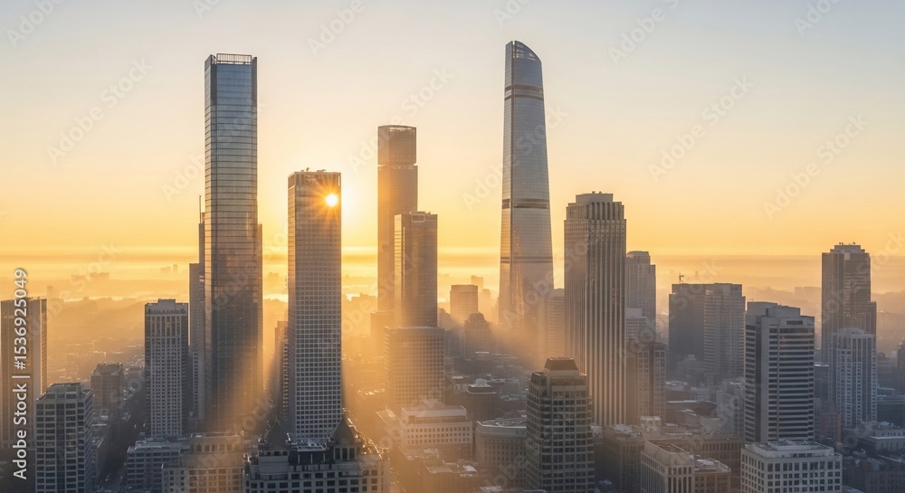 Fototapeta premium Golden Hour Cityscape: Sunburst Through Skyscrapers in a Misty Urban Landscape