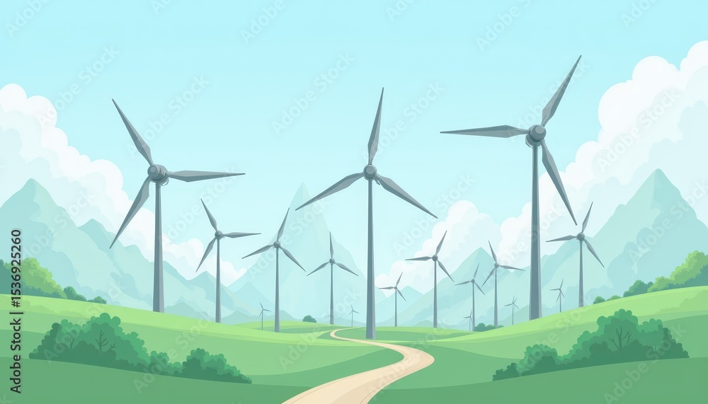 Fototapeta premium Harnessing sustainable energy, wind turbines in a verdant landscape powering green future