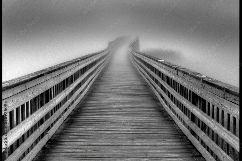 Fototapeta premium Mysterious boardwalk disappearing into the fog at dawn