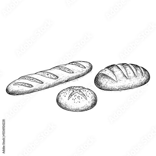 Set of loaf of bread. French baguette slices and crumbs. Rye rounde rustic bread or whole grain baked bread. Free copy space. Vector sketch realistic line vintage illustration