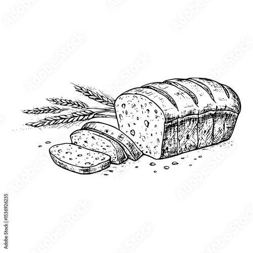 Set of loaf of bread. French baguette slices and crumbs. Rye rounde rustic bread or whole grain baked bread. Free copy space. Vector sketch realistic line vintage illustration