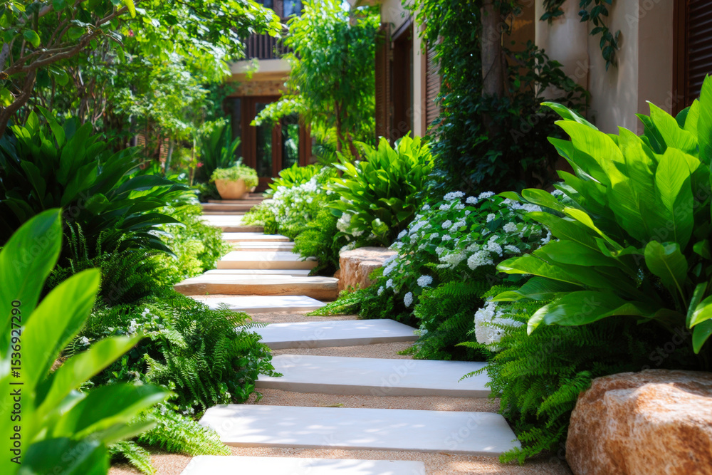 Fototapeta premium Serene Garden Pathway Luxurious Landscaping Design Inspiration
