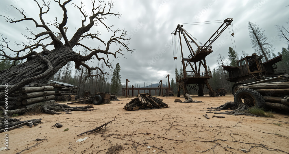 post apocalyptic scene eerie landscape desolate forest with twisted trees abandoned logging camp surreal decay haunting beauty atmospheric dystopian wilderness shattered nature post apocalyptic scene eerie landscape desolate forest with twisted trees abandoned logging camp surreal decay haunting beauty atmospheric dystopian wilderness shattered nature