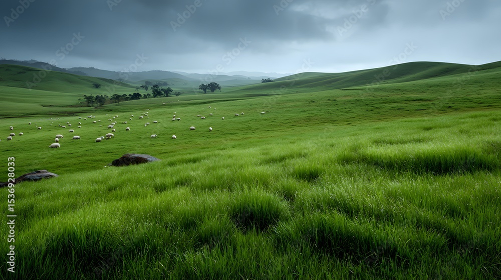 Obraz premium Wide angle view of green pastureland after rainfall saturated grass shimmering under soft light scattered sheep grazing thick sky cover still lingering distance white background cut out isolated