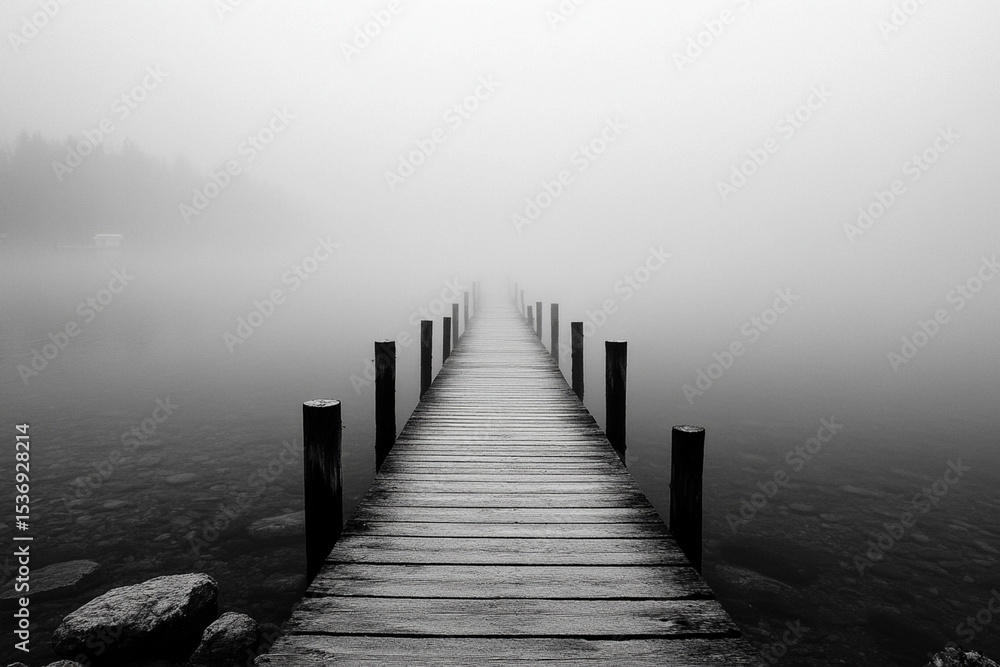 Fototapeta premium Fog shrouded pier extends into tranquil waters at dawn