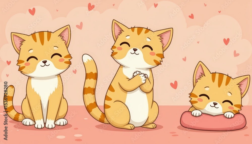 Naklejka premium Cute cat couple cartoon, a heartwarming illustration of feline love and affection