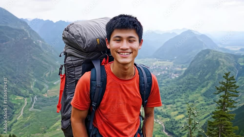 Young Hiker Overlooking Magnificent Mountain Valley Scenery Young Hiker Overlooking Magnificent Mountain Valley Scenery