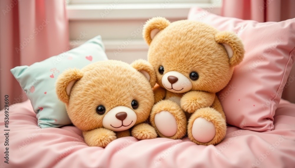 Two adorable teddy bears enjoying a cozy moment on soft bed two Two adorable teddy bears enjoying a cozy moment on soft bed two