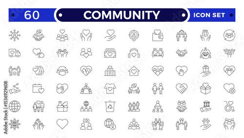 Community Outline icon set. Containing people, friendship, social, diversity, village, relationships, support and community development icons. People, social, group, human, team, population.