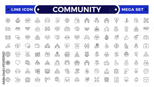 Community Outline icon set. Containing people, friendship, social, diversity, village, relationships, support and community development icons. People, social, group, human, team, population.