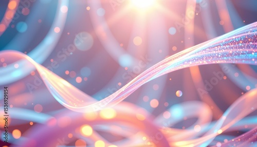 a vibrant, abstract digital artwork featuring dynamic, colorful shapes that resemble fluid movement against a glowing, light blue background with a bokeh effect