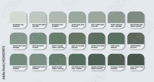 Feldgrau Color Palette. Feldgrau color Tone Swatch Chart with HEX Codes and Color Names. Earthy Green Gray Variants. Bluish and Steel Tints forest colure Palette. army green color palette design eps