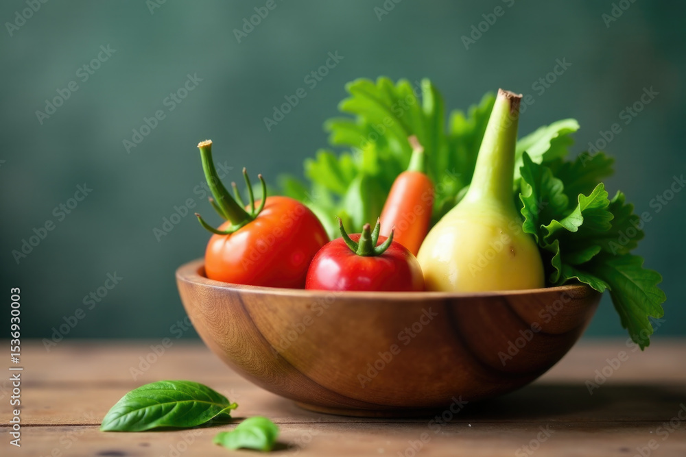 Fresh vegetables in a rustic wooden bowl, great for still life photography or food styling Fresh vegetables in a rustic wooden bowl, great for still life photography or food styling
