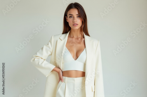 A woman posing for a photo wearing a white outfit, suitable for various uses such as advertising, editorial, or personal projects