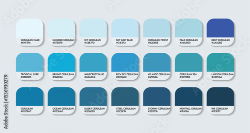 Cerulean Color Palette. Cerulean color Tone Swatch Chart with HEX Codes and Color Names. Midtones and Oceanic Variants . Deeper Moody Shades sea color Palette. real blue color palette design vector