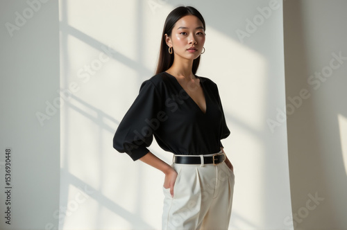 A woman wearing a black top and white pants, standing in a studio or outdoor setting