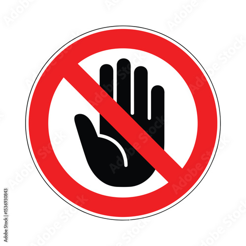 no entry sign with red circle and diagonal line over hand symbol indicating restricted access, prohibition, or unauthorized zone