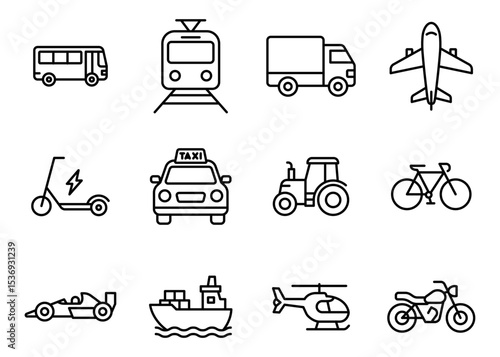 Vector illustration of various transport icons. Editable stroke.