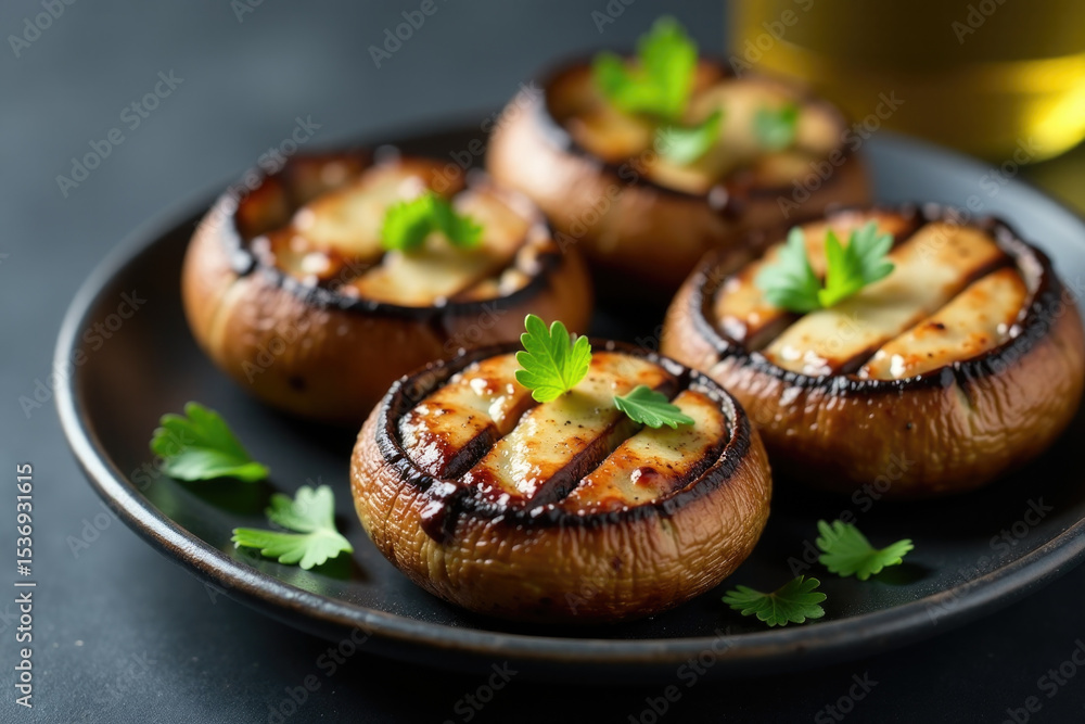 A trio of sautéed mushrooms perched atop a dark, sleek plate A trio of sautéed mushrooms perched atop a dark, sleek plate