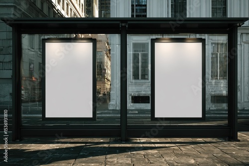 Outdoor bus stop with two blank posters under a dark metal roof