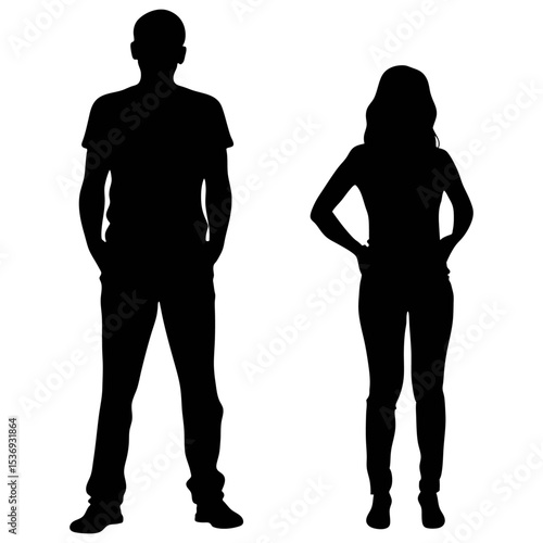 Silhouette of a man with hands in pockets standing next to a woman with hands on hips