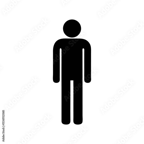 A simple black stick figure of a person standing upright on a white background plain