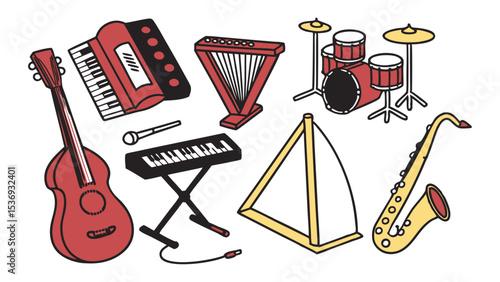 Collection of Musical Instruments Guitar Keyboard Drums Saxophone Autoharp Triangle and Microphone