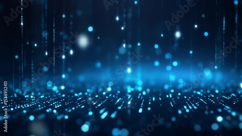 Futuristic digital data flowing downward and scattering. Blue particles moving across a dark blur background. Big data blockchain visualization, technology concept abstract footage.
