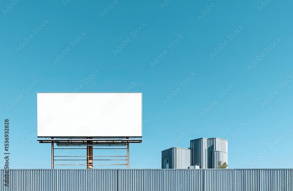 Obraz premium Billboard and industrial buildings stand against a bright blue, clear sky