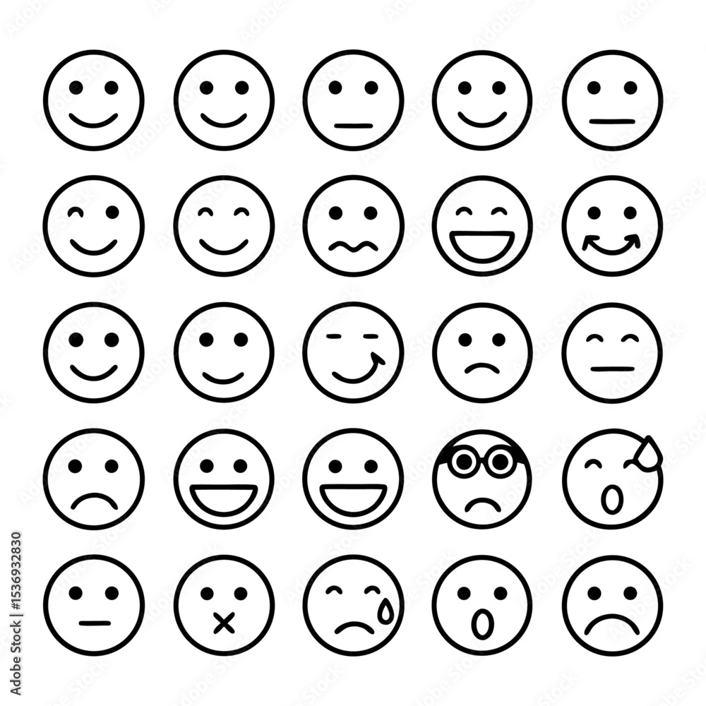 A collection of twenty five simple black and white line drawing emoji faces grid A collection of twenty five simple black and white line drawing emoji faces grid